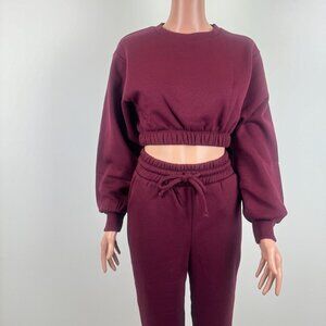 Women's Zenana Three Piece Cropped Pullover Jogger & Bodysuit Set Burgundy